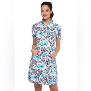 IBKUL Eva Periwinkle Zebra Floral Short Sleeve Zip Mock Mini Dress SPF50 Sz L